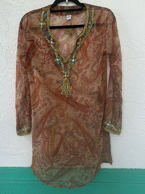 Raj 100% Silk Swimsuit Cover Up Beaded Small Paisley Floral Orange Blue Boho
